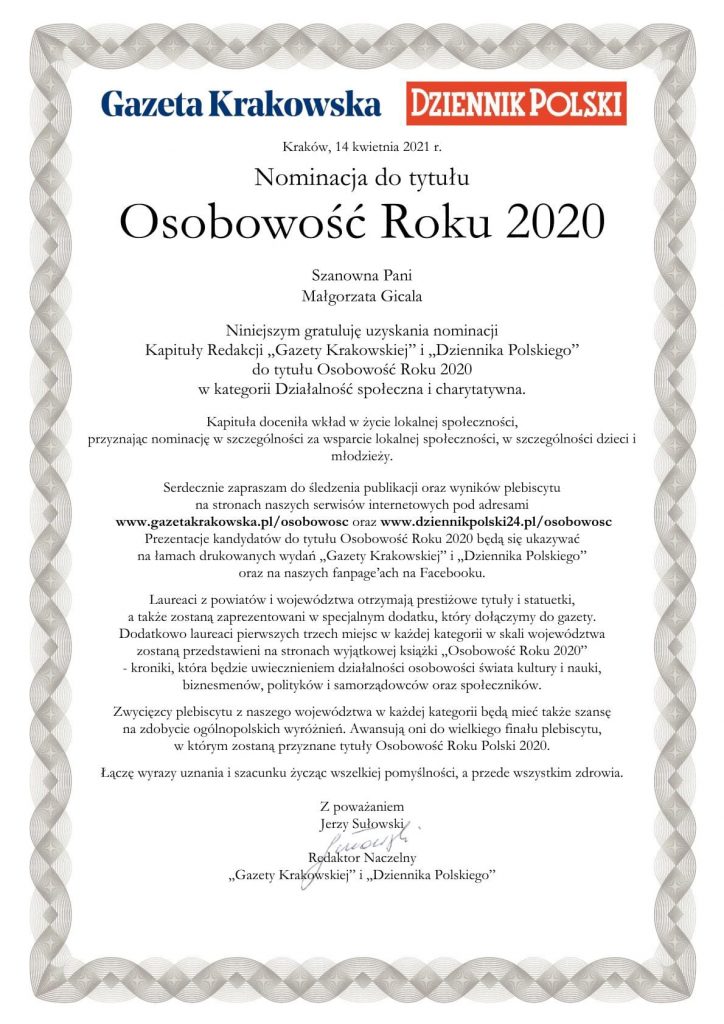 dokument z nominacją osobowość roku 2020